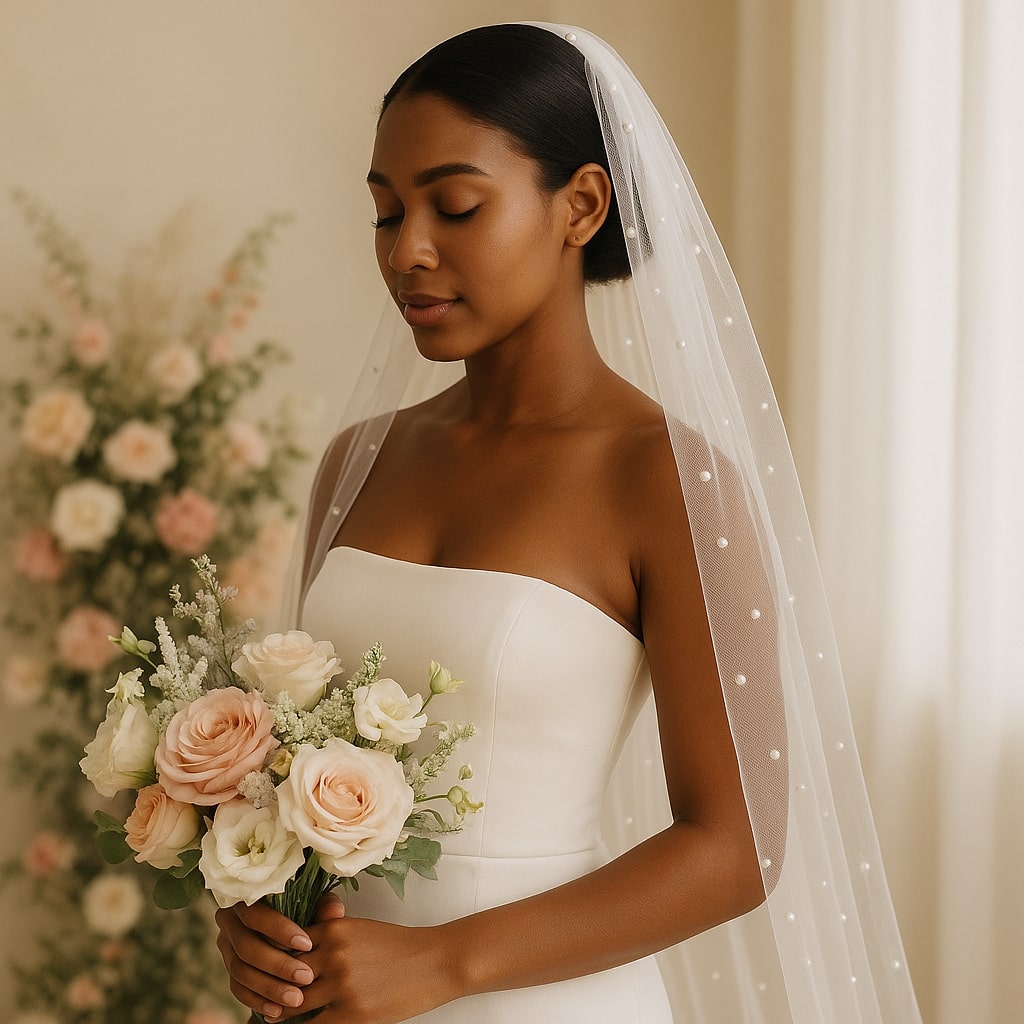 s*a様 neith. Veil Border Tops Pearl-Adorned Volumous 3-Meter Cathedral Bridal Veil - White, Off
