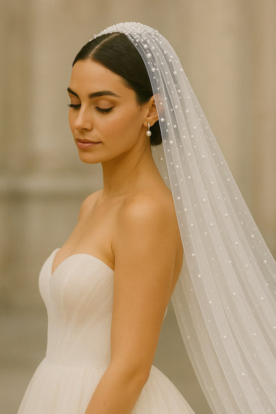 Pearlescent Dreams - 3 meter Cascading Pearl Embellished Cathedral Veil