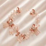 Gold Floral Bridal Hair Vine – Pearl & Crystal Wedding Hairpiece with Dual Combs (28cm)