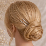 A close-up of a blonde woman's hair styled in a low bun, secured with two slim silver hair pins embellished with small clear rhinestones. The background is a soft, warm beige with subtle dried floral elements.