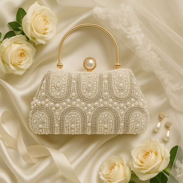 Pearl Handle Bridal Clutch – Vintage-Inspired Beaded Wedding Purse with Crystal Clasp