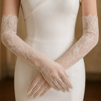 Elegant Long Lace Bridal Gloves – White - 56cm x 11cm
