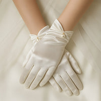 Elegant Satin Bridal Gloves with Pearl Detail – Short Wrist-Length Off-White Wedding Gloves