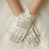 Elegant Satin Bridal Gloves with Pearl Detail – Short Wrist-Length Off-White Wedding Gloves