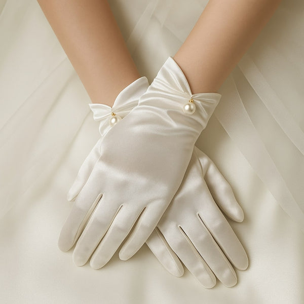 Elegant Satin Bridal Gloves with Pearl Detail – Short Wrist-Length Off-White Wedding Gloves