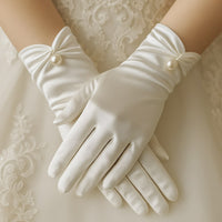 Elegant Satin Bridal Gloves with Pearl Detail – Short Wrist-Length Off-White Wedding Gloves