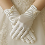 Elegant Satin Bridal Gloves with Pearl Detail – Short Wrist-Length Off-White Wedding Gloves