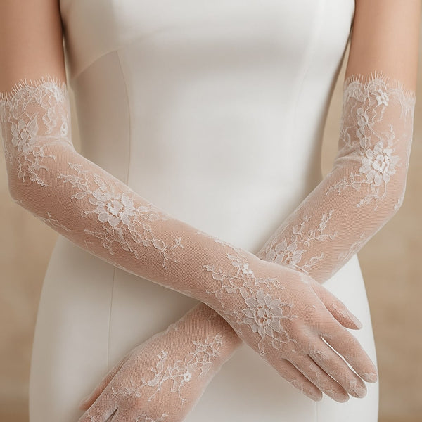 Elegant Long Lace Bridal Gloves – White - 56cm x 11cm