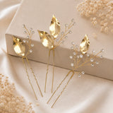 Crystal Gold plated leaves - 3 Hair Pins - Bridal / Formal Event