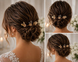Three-panel collage showing a woman from the back wearing an elegant updo hairstyle adorned with a small gold floral hair accessory and pearl-like accents. The collage includes one larger view on the left and two smaller views on the right, set against a softly blurred indoor background with warm lights and white flowers.