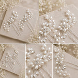 A five-panel collage showing bridal hair accessories: pearl floral clusters with silver-tone wire and clear rhinestone centers, displayed on beige cards with soft baby's breath flowers.