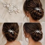A four-panel collage showing a bridal hair accessory: a silver-toned hair pin with white floral and crystal embellishments, displayed on fabric and worn in an updo hairstyle on a model.