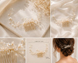 A collage showing a bridal hair comb accessory from multiple angles: a top-left close-up on cream fabric, a top-right view draped on satin fabric, a bottom-left detail of the pearl and gold structure, a bottom-center measurement inset, and a bottom-right model shot with the hair comb worn in a low bun.