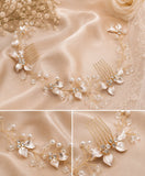A bridal hair comb accessory with gold-tone metal, white pearl-like beads, and clear rhinestone floral details, shown on draped champagne satin fabric with floral props. The collage includes two smaller detail views at the bottom.