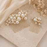 Four-panel collage showing pearl hair combs in different styled settings. The combs have clustered faux pearls and gold-tone metal stems, displayed on textured stone, satin fabric, and a white surface with dried floral decor.