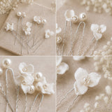 Four-panel collage showing white floral hair pins with pearl-like beads and silver wire backs, arranged on a soft beige textured background with dried flowers as props.