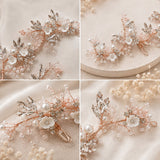 A four-panel close-up collage showing a delicate floral hair accessory with rose-gold-toned wire, white faux flowers, clear rhinestones, and pearl-like beads on a soft cream fabric background.