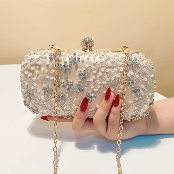 Pearl Beaded Bridal Clutch – Elegant Ivory Wedding Purse with Crystal Embellishments