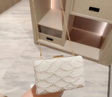 Elegant Pearl Clutch Bag – Beaded Bridal Handbag with Gold Chain Strap for Weddings, Parties, Formal Events