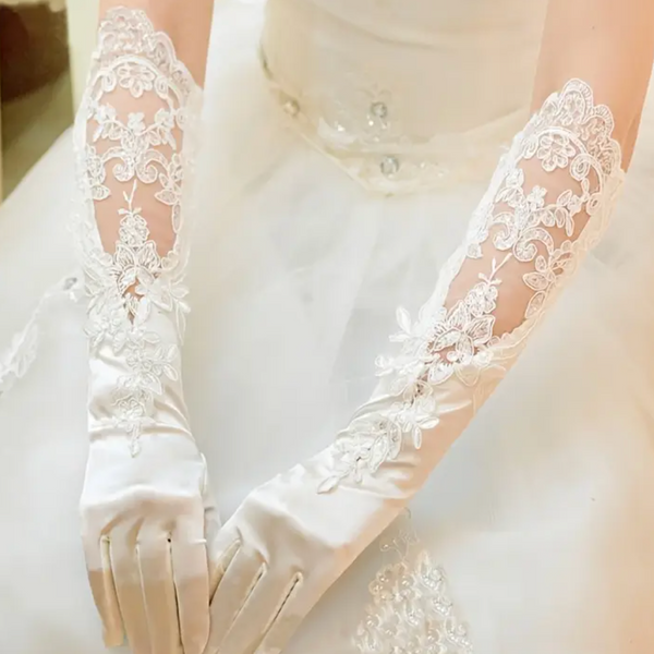 Elegant Lace & Satin Bridal Gloves – Elbow-Length Wedding Gloves with Embroidery