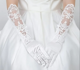 Elegant Lace & Satin Bridal Gloves – Elbow-Length Wedding Gloves with Embroidery