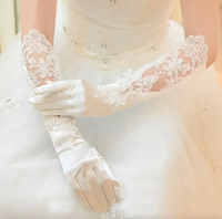 Elegant Lace & Satin Bridal Gloves – Elbow-Length Wedding Gloves with Embroidery