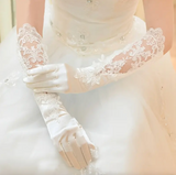 Elegant Lace & Satin Bridal Gloves – Elbow-Length Wedding Gloves with Embroidery