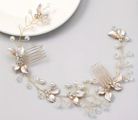 Gold Floral Bridal Hair Vine – Pearl & Crystal Wedding Hairpiece with Dual Combs (32cm)