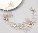 Gold Floral Bridal Hair Vine – Pearl & Crystal Wedding Hairpiece with Dual Combs (32cm)