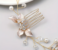 Gold Floral Bridal Hair Vine – Pearl & Crystal Wedding Hairpiece with Dual Combs (32cm)