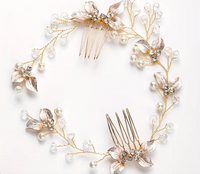 Gold Floral Bridal Hair Vine – Pearl & Crystal Wedding Hairpiece with Dual Combs (32cm)