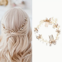 Gold Floral Bridal Hair Vine – Pearl & Crystal Wedding Hairpiece with Dual Combs (32cm)