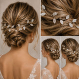 A bridal hair accessory collage showing a silver leaf vine headpiece worn in three views on a model: a large back view, a close-up detail view, and two smaller side/back views. The model has styled brown and blonde updo hair and wears a white lace wedding dress against a soft beige background.