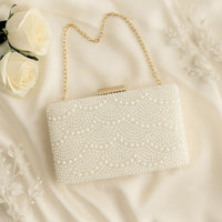 Elegant Pearl Clutch Bag – Beaded Bridal Handbag with Gold Chain Strap for Weddings, Parties, Formal Events