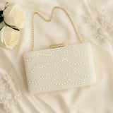 Elegant Pearl Clutch Bag – Beaded Bridal Handbag with Gold Chain Strap for Weddings, Parties, Formal Events
