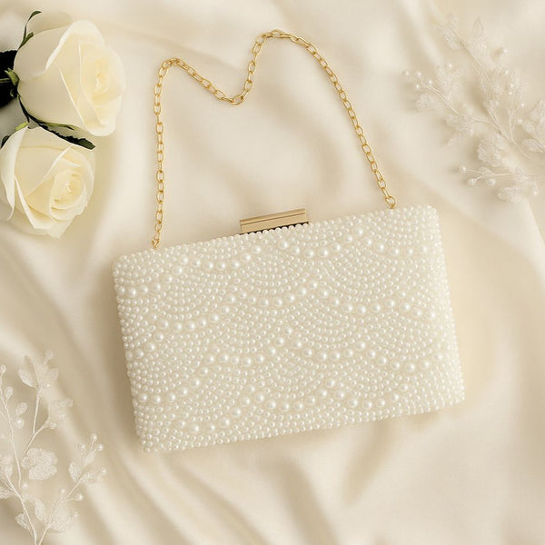 Elegant Pearl Clutch Bag – Beaded Bridal Handbag with Gold Chain Strap for Weddings, Parties, Formal Events