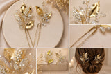 A six-panel collage showcasing gold and crystal leaf hairpins. The panels feature close-up views of the intricate hair accessories, some displayed on a beige circular stand and others on a model's low bun, set against a warm beige background with soft bokeh lights.
