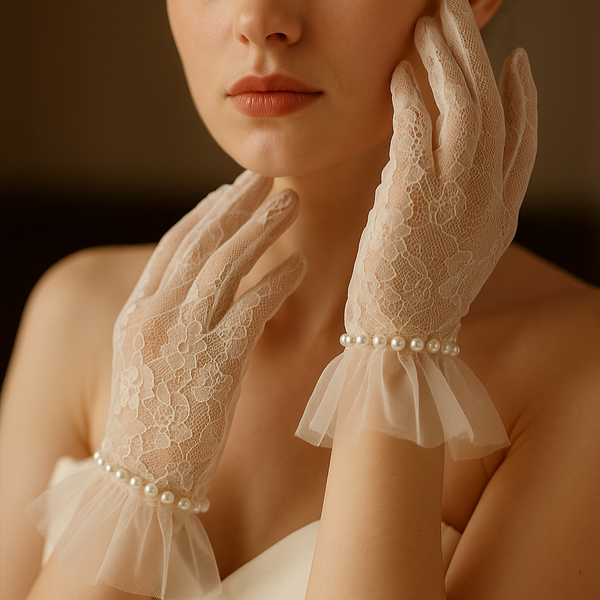 Lace Bridal Gloves – Vintage Sheer White Wedding Gloves with Pearl & Tulle Cuffs (28cm)