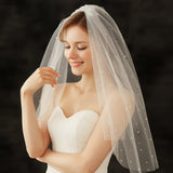 Woman wearing a white wedding dress and veil against a dark background
