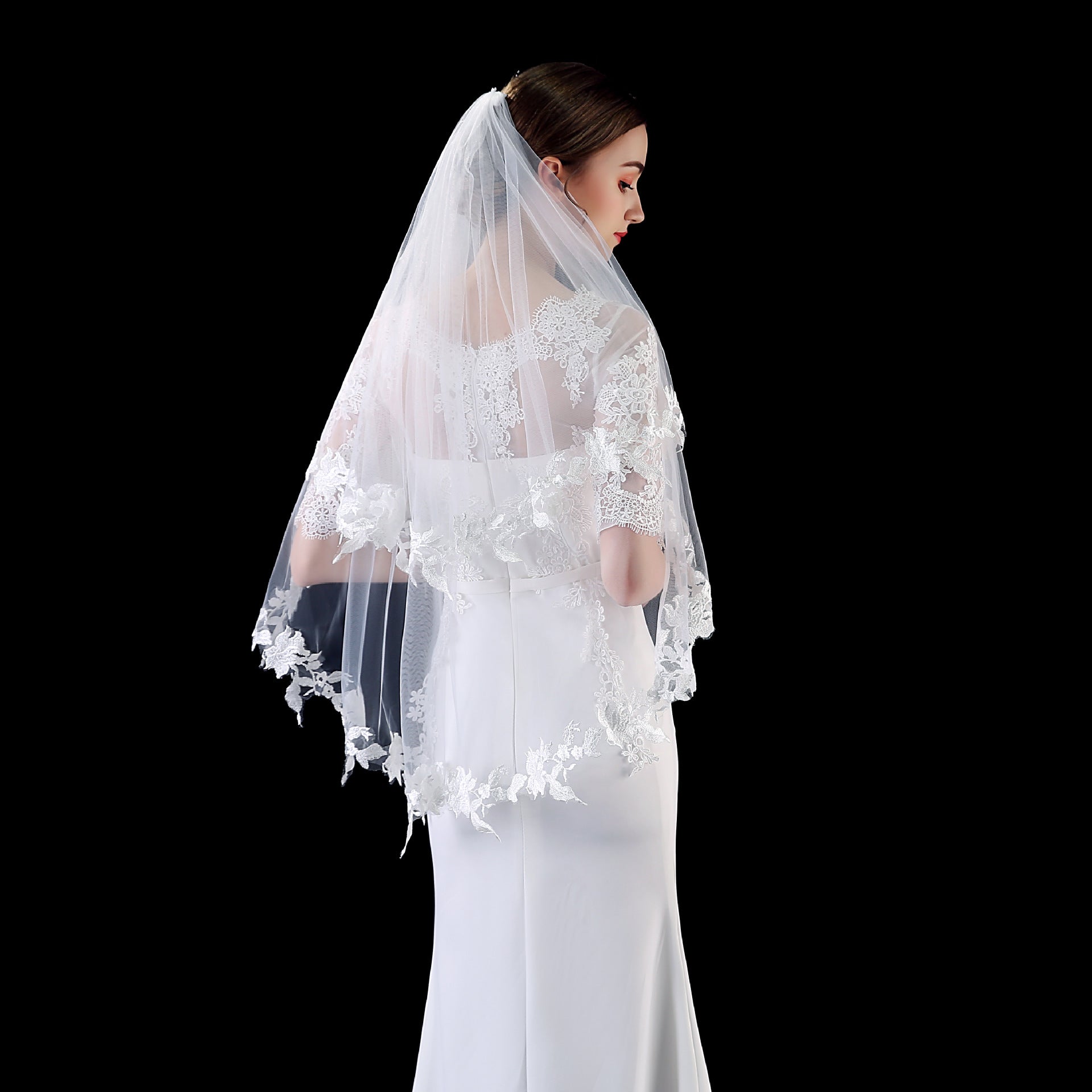 Delicate Floral Lace Two-Tier Blusher Fingertip Bridal Veil